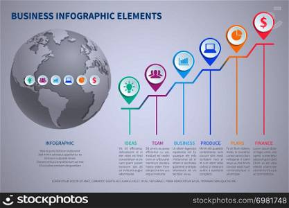 Modern vector business globalization infographic template with 3d world globe and charts. Earth globe and chart globalization world illustration. Modern vector business globalization infographic template with 3d world globe and charts