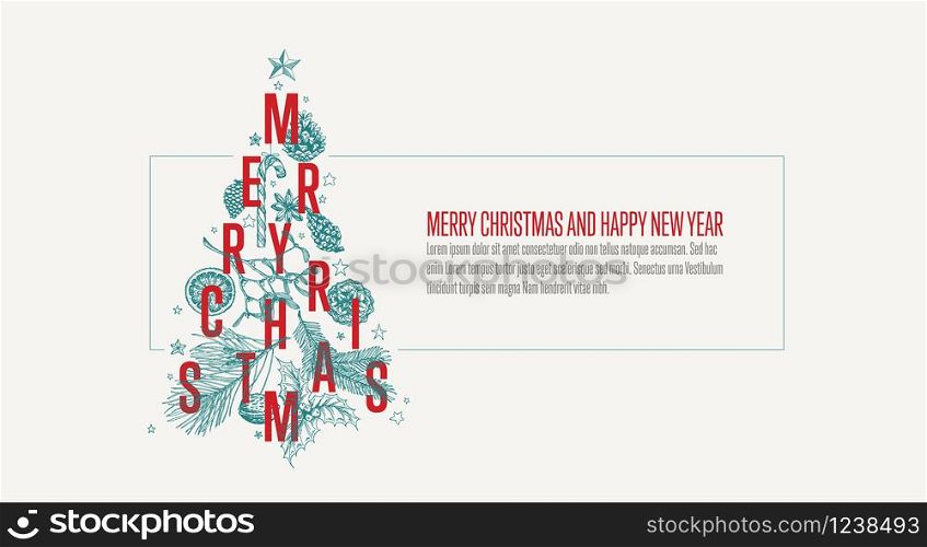 Modern vector christmas card template with christmas tree made from various christmas elements - light version with frame. Modern vector christmas card template with tree