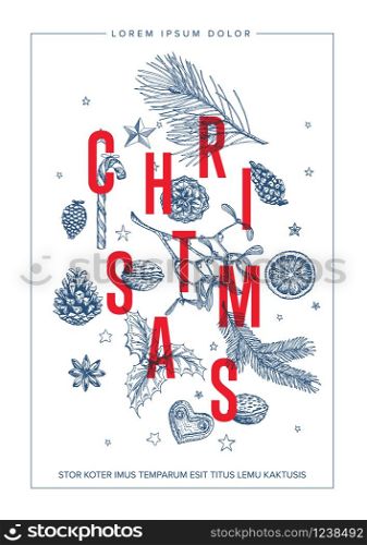 Modern vector christmas card template with various handdrawn christmas elements