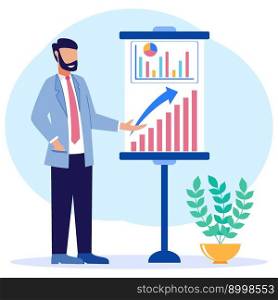Modern vector illustration. Flat design. The successful businessman stands near the flip chart and points to the charts and diagrams. Creative business concept. Office interior.