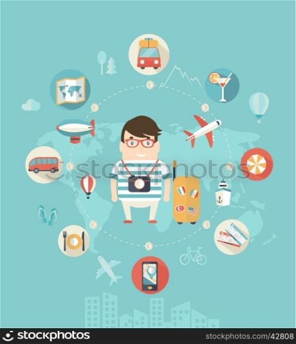 Modern vector illustration icons set in flat style of traveling, planning vacation. Flat desing style. Vector.. Concept of travelling, vector.