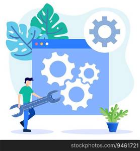 Modern vector illustration Software and hardware failure troubleshooting. Troubleshooting and technician support. Checking for failures and testing to restore the system.