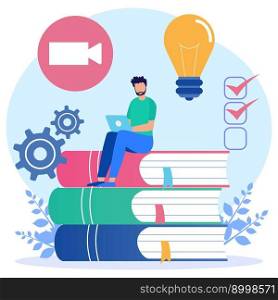 Modern vector illustration. The smart young man sat on a pile of books and used his laptop. E-learning, webinars, online video training, distance education concepts.