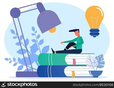 Modern vector illustration. The young businessman sits on a pile of books. Looking for information, ideas, education, business and lifestyle.