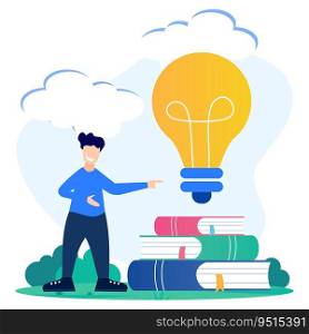 Modern vector illustration. The young businessman sits on a pile of books. Looking for information, ideas, education, business and lifestyle.