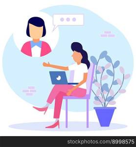 Modern vector illustration. Young women use laptops for video calls with colleagues or colleagues. Friends talk online. Online education and e-learning concepts.
