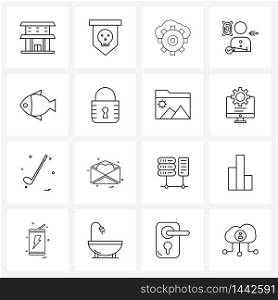 Modern Vector Line Illustration of 16 Simple Line Icons of meet, fish, cogwheel, thumb impression, avatar Vector Illustration