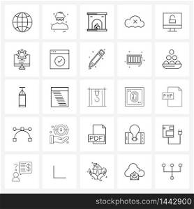 Modern Vector Line Illustration of 25 Simple Line Icons of screen, computer, fireplace, network, cloud Vector Illustration
