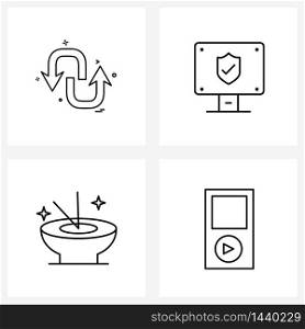 Modern Vector Line Illustration of 4 Simple Line Icons of arrow, bowl, right, computer, play Vector Illustration