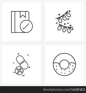 Modern Vector Line Illustration of 4 Simple Line Icons of book; tablet; tick; bounties; doughnut Vector Illustration