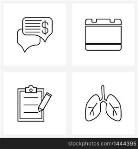 Modern Vector Line Illustration of 4 Simple Line Icons of bubble, text, money, date, lungs Vector Illustration