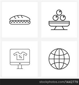 Modern Vector Line Illustration of 4 Simple Line Icons of burger, online, meal, dessert, shirt Vector Illustration