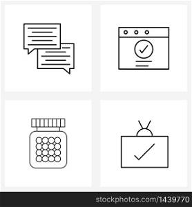 Modern Vector Line Illustration of 4 Simple Line Icons of chat, pills, website, drugs, check Vector Illustration