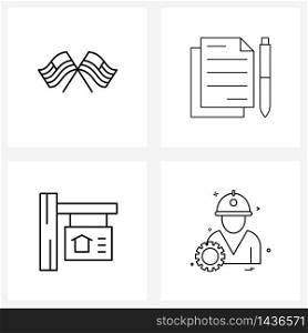 Modern Vector Line Illustration of 4 Simple Line Icons of country; estate; flags; documentation; house Vector Illustration