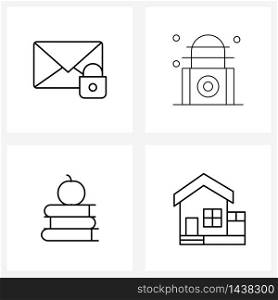 Modern Vector Line Illustration of 4 Simple Line Icons of email locked; house; lock; apple on book; school Vector Illustration