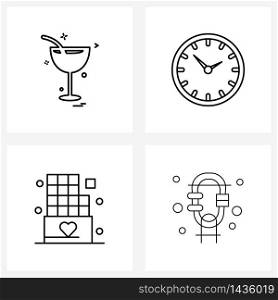 Modern Vector Line Illustration of 4 Simple Line Icons of glass; love; soft drink; date; camping Vector Illustration