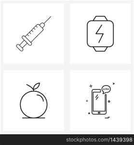 Modern Vector Line Illustration of 4 Simple Line Icons of injecting, watch, syringe, charge, food Vector Illustration