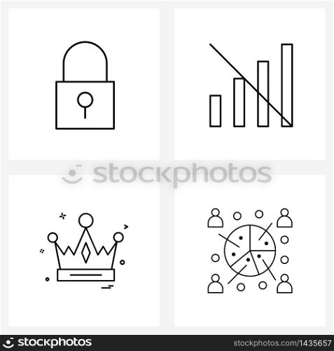 Modern Vector Line Illustration of 4 Simple Line Icons of key, crown, security, offline, kingdom Vector Illustration