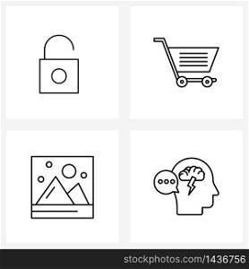Modern Vector Line Illustration of 4 Simple Line Icons of unlock; interaction; cart; market; media Vector Illustration