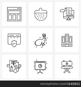 Modern Vector Line Illustration of 9 Simple Line Icons of animal, rabbit, monitor, security, browser Vector Illustration