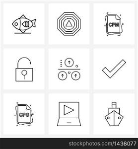 Modern Vector Line Illustration of 9 Simple Line Icons of arrow, private, file, padlock, came Vector Illustration