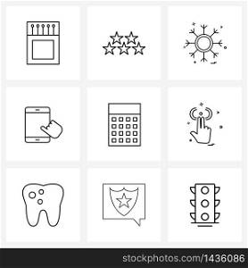 Modern Vector Line Illustration of 9 Simple Line Icons of calculation, touch, snow, tablet, ipad Vector Illustration