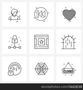 Modern Vector Line Illustration of 9 Simple Line Icons of film strip, private, network, connection Vector Illustration