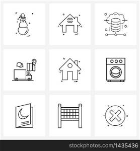 Modern Vector Line Illustration of 9 Simple Line Icons of house, home, database, furniture, travel Vector Illustration