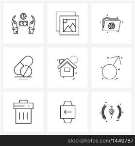 Modern Vector Line Illustration of 9 Simple Line Icons of house, tablets, folder, medicine, capsule Vector Illustration