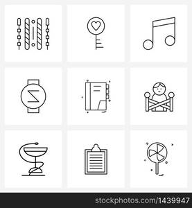 Modern Vector Line Illustration of 9 Simple Line Icons of learning, reading, multimedia, book, clock Vector Illustration