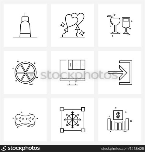 Modern Vector Line Illustration of 9 Simple Line Icons of mobile, food, valentine, fruit, glass Vector Illustration