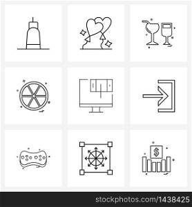 Modern Vector Line Illustration of 9 Simple Line Icons of mobile, food, valentine, fruit, glass Vector Illustration