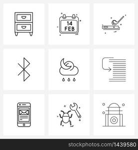 Modern Vector Line Illustration of 9 Simple Line Icons of night, forecast, games, wireless, bluetooth Vector Illustration