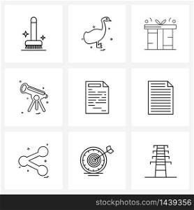 Modern Vector Line Illustration of 9 Simple Line Icons of page, document, happy, science, telescope Vector Illustration