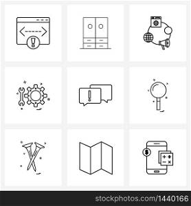Modern Vector Line Illustration of 9 Simple Line Icons of search, chat bubble, website, chat, wrench Vector Illustration