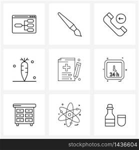Modern Vector Line Illustration of 9 Simple Line Icons of time, health, phone, history, vegetable Vector Illustration