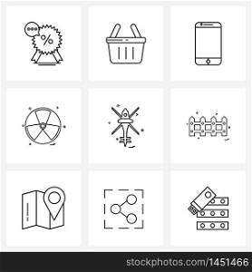 Modern Vector Line Illustration of 9 Simple Line Icons of weapon, army, mobile, turbine, fan Vector Illustration