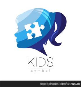 Modern Vector logotype Girl head with Puzzle inside brain in Blue Color . Logo sign of Psychology. Profile Human. Creative style. Symbol in vector. Design concept. Modern Vector logotype Girl head with Puzzle inside brain in Blue Color . Logo sign of Psychology. Profile Human. Creative style. Symbol in vector. Design concept.