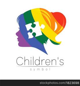 Modern Vector logotype Girl head with Puzzle inside brain in Rainbow Color . Logo sign of Psychology. Profile Human. Creative style. Symbol in vector. Design concept. Modern Vector logotype Girl head with Puzzle inside brain in Rainbow Color . Logo sign of Psychology. Profile Human. Creative style. Symbol in vector. Design concept.