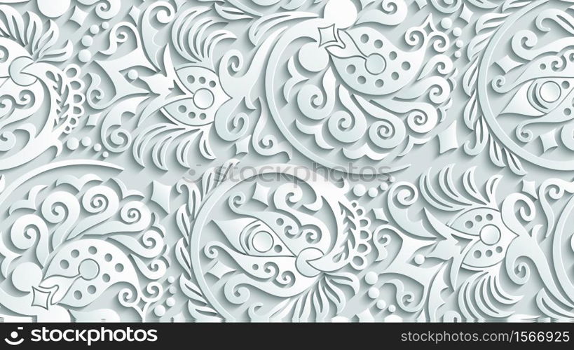 Modern vector volumetric floral ornamental background. Trendy craft style illustration. 3d effect imitation. Modern volumetric floral ornamental background.