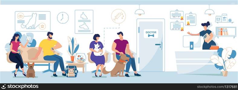 Modern Veterinary Clinic Visitors with Animals Flat Vector. People with Dogs and Cats, Pets Owners Waiting for Doctor Appointment, Administrator or Nurse Registering Clients on Reception Illustration