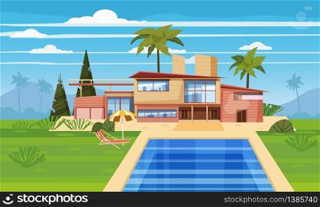 Modern villa on residence in exotic country, expensive mansion in lahdscape tropics. Modern villa on residence in exotic country, expensive mansion in lahdscape tropics palm trees. Luxury cottage house exterior blue swimming pool chaise lounge beach umbrella. Cartoon vector illustration