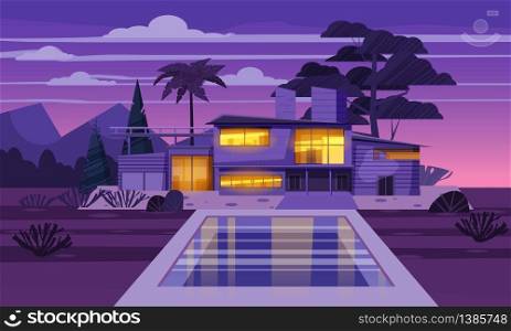 Modern villa on residence in exotic country night, expensive mansion in lahdscape tropics. Modern villa on residence in exotic country night, expensive mansion in lahdscape tropics palm trees. Luxury cottage house exterior swimming pool. Cartoon vector illustration