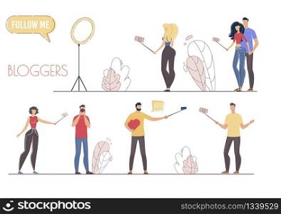 Modern Vlogger, Blogging People, Digital Content Author Characters Set. Men and Women Broadcasting Live Videos Online, Recording Footage in Studio,Shooting Selfie Photo Trendy Flat Vector Illustration