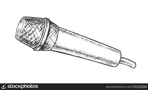Modern Vocal Microphone Karaoke Monochrome Vector. Audio Microphone For Broadcast Or Live Speech Engraving Concept Template Hand Drawn In Vintage Style Black And White Illustration. Modern Vocal Microphone Karaoke Monochrome Vector