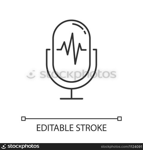 Modern voice recorder linear icon. Microphone idea. Sound recording equipment. Portable mic.Thin line illustration. Contour symbol. Vector isolated outline drawing. Editable stroke