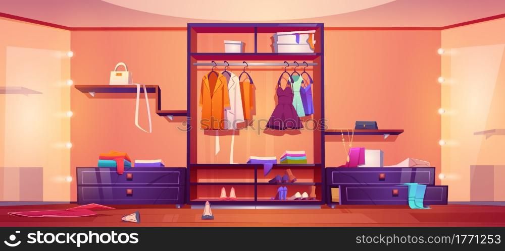Modern walk in closet with mess, untidy woman clothes and shoes on wardrobe shelves and floor. Vector cartoon interior of empty cloakroom for apparel storage and dressing with big mirrors and hangers. Walk in closet with mess, untidy woman clothes