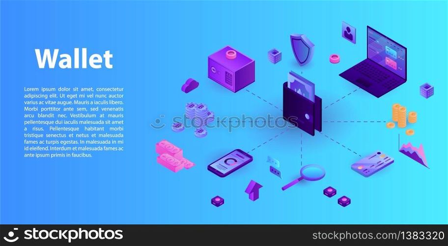 Modern wallet concept banner. Isometric illustration of modern wallet vector concept banner for web design. Modern wallet concept banner, isometric style