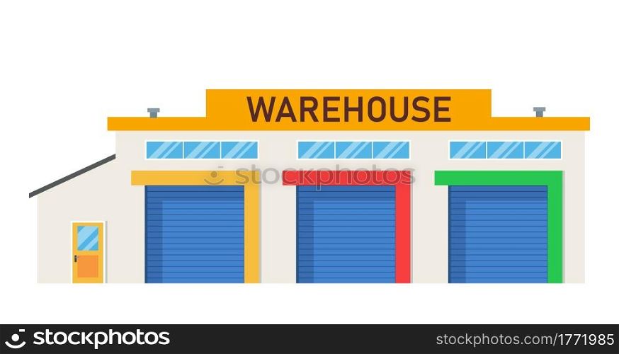 Modern Warehouse Building loading docks. Storage center logistics.Isolated object white background. Vector illustration in flat style. Warehouse commercial building