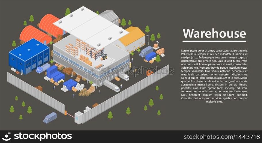 Modern warehouse concept banner. Isometric illustration of modern warehouse vector concept banner for web design. Modern warehouse concept banner, isometric style